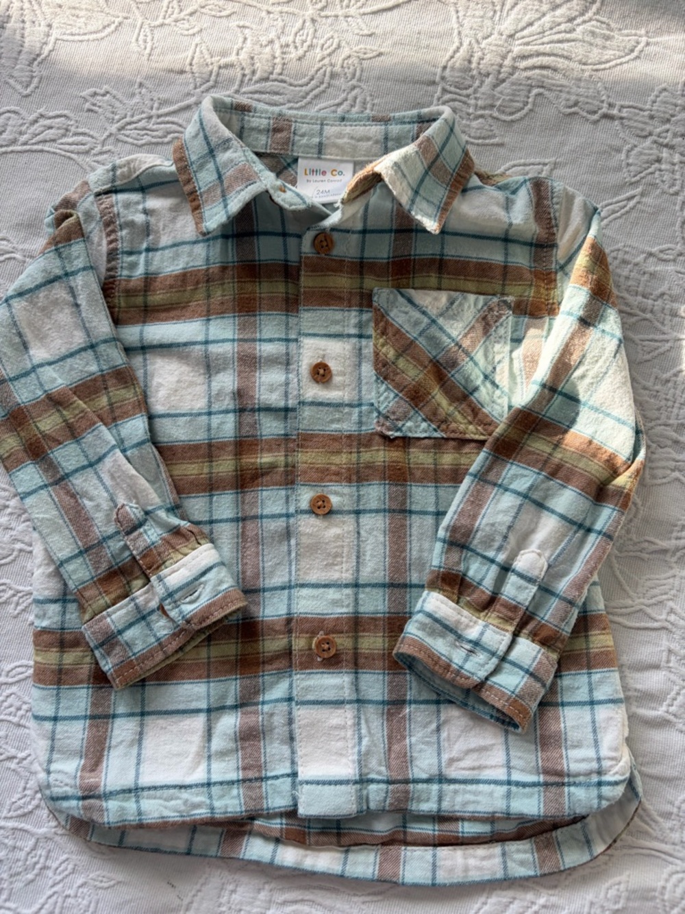 Little co 24m Kids Brown & Teal Plaid Button-Down flannel Shirt